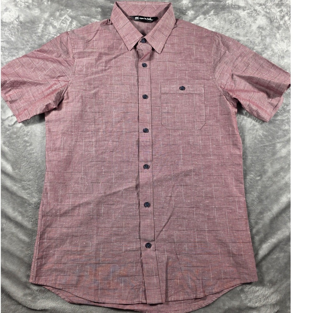 Travis Mathew Button Up Shirt Mens Small Burgundy Short Sleeve Grid Pattern